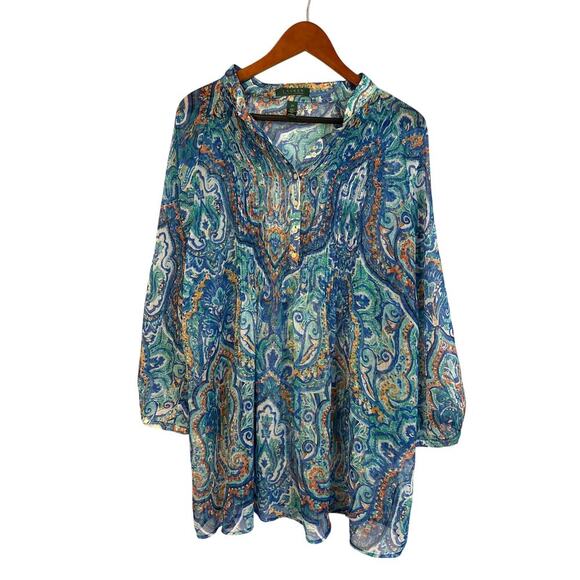 Women’s Green Label Ralph Lauren Size 2X Sheer Blue Multipattern Shirt. - Picture 1 of 3